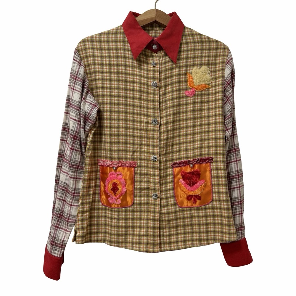 Paul Ropp Womens Embroidered Plaid Patchwork Flannel Shirt Size L Multicolor Art